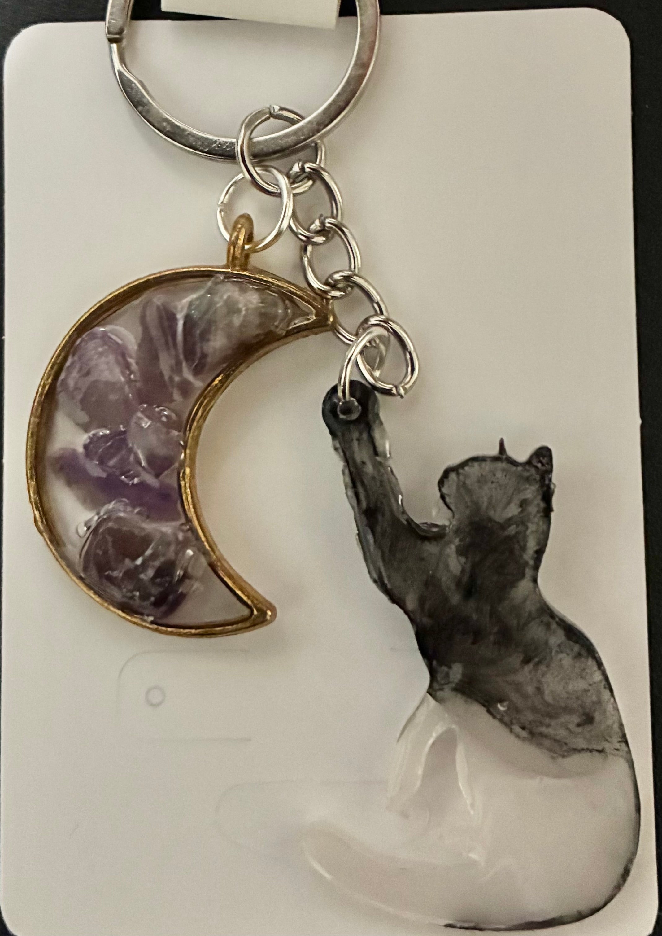 Amethyst moon crescent and black cat keychain