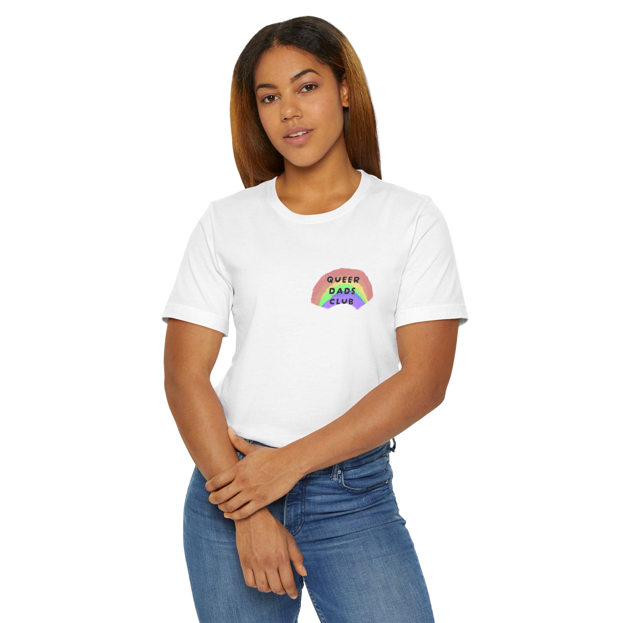 Queer Dads Club T-Shirt — Rainbow Mini Logo Tee for LGBTQ+ Pride