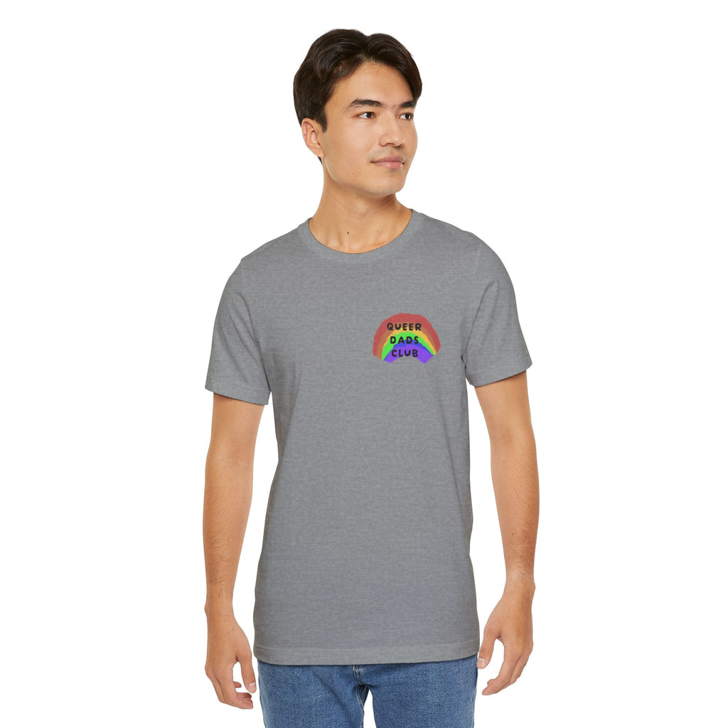Queer Dads Club T-Shirt — Rainbow Mini Logo Tee for LGBTQ+ Pride