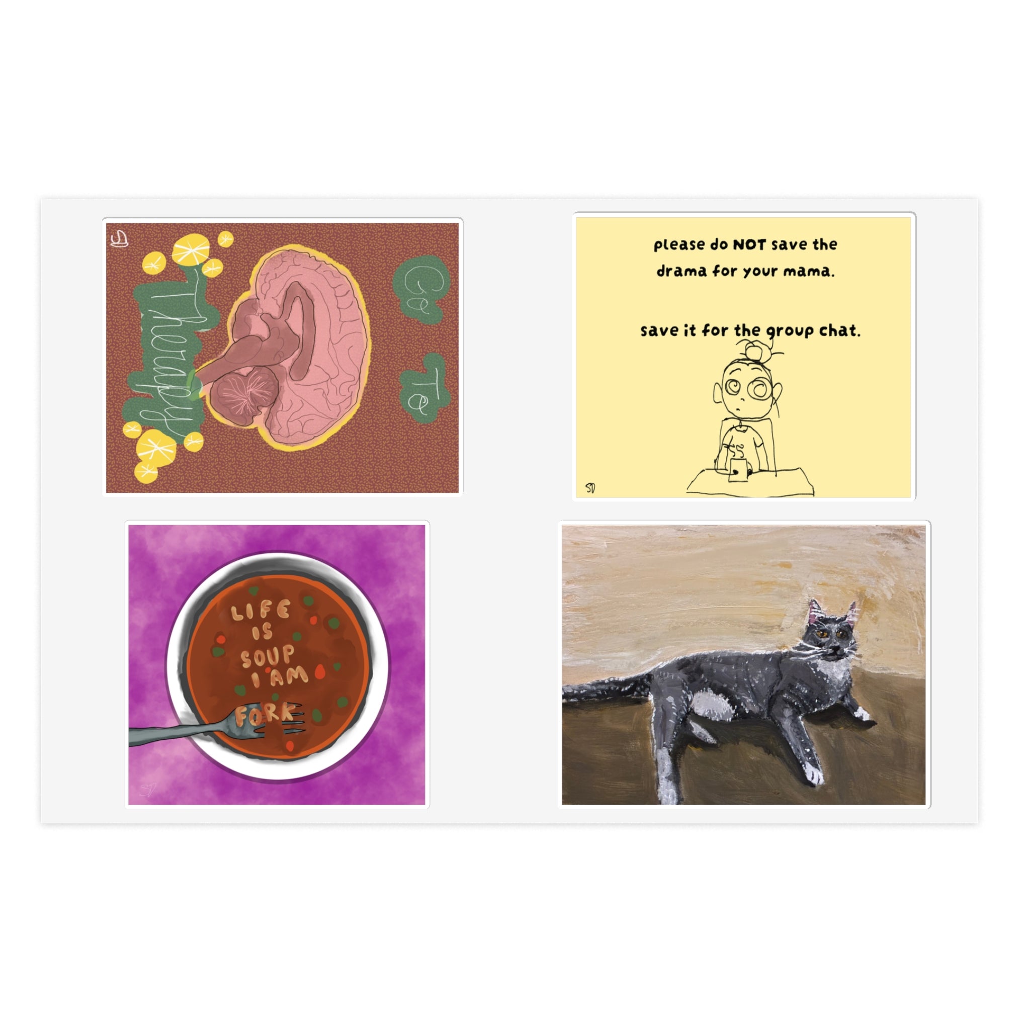 Eclectic Art Sticker Sheet — Cat, Soup, Funny Quote & Retro Heart Designs