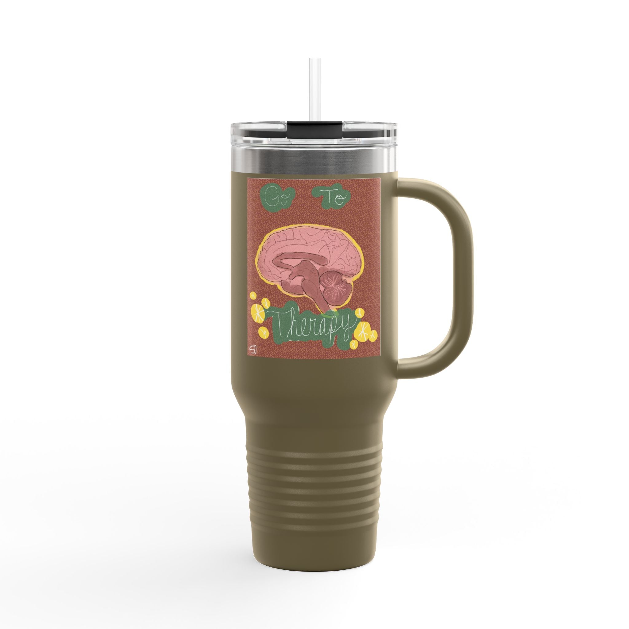 40oz Insulated Travel Mug – Brain Therapy Design, Funny Mental Health Awareness Tumbler