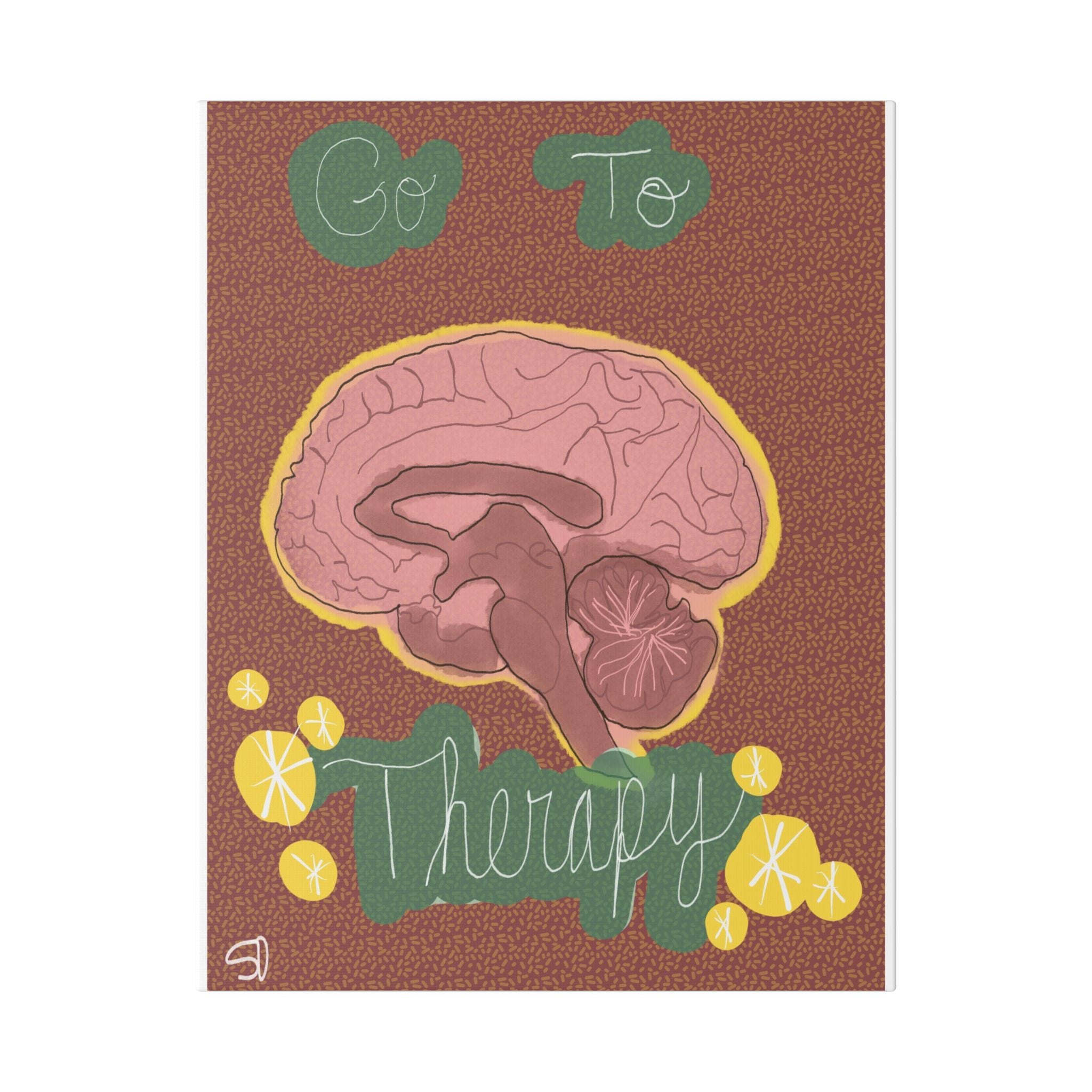 Go To Therapy Canvas Wall Art — Brain Illustration Mental Health Poster