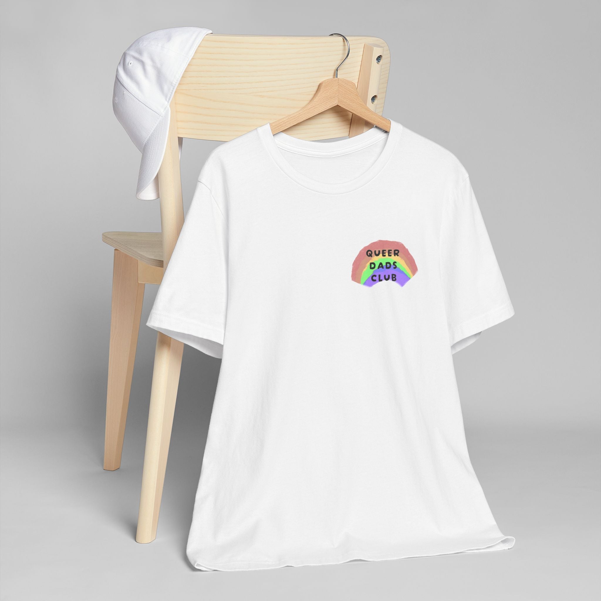 Queer Dads Club T-Shirt — Rainbow Mini Logo Tee for LGBTQ+ Pride
