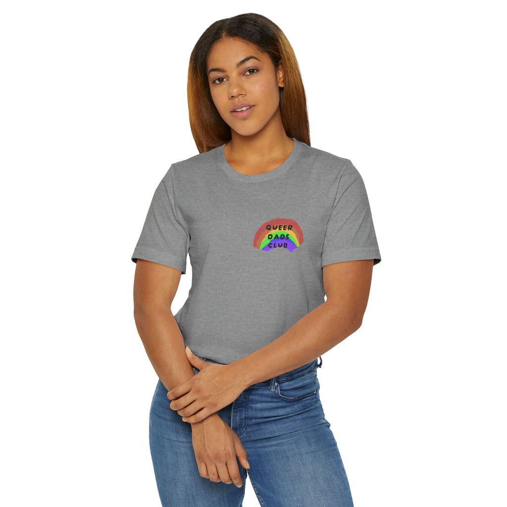 Queer Dads Club T-Shirt — Rainbow Mini Logo Tee for LGBTQ+ Pride