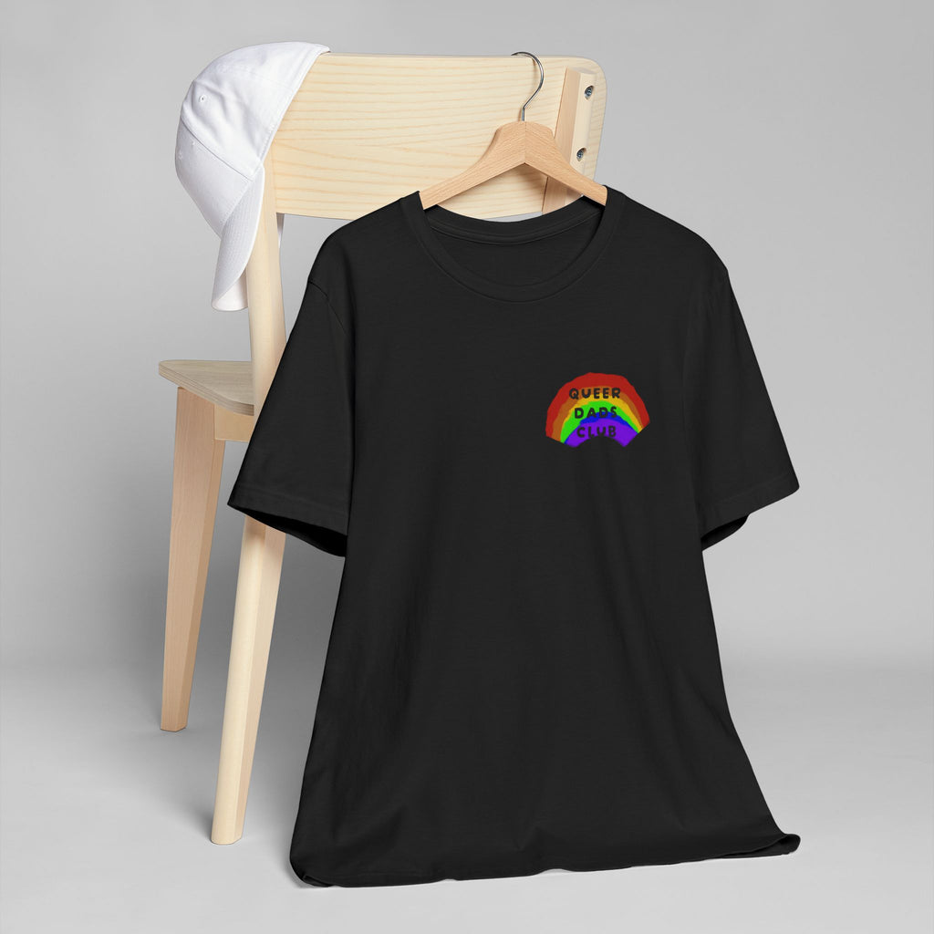 Queer Dads Club T-Shirt — Rainbow Mini Logo Tee for LGBTQ+ Pride