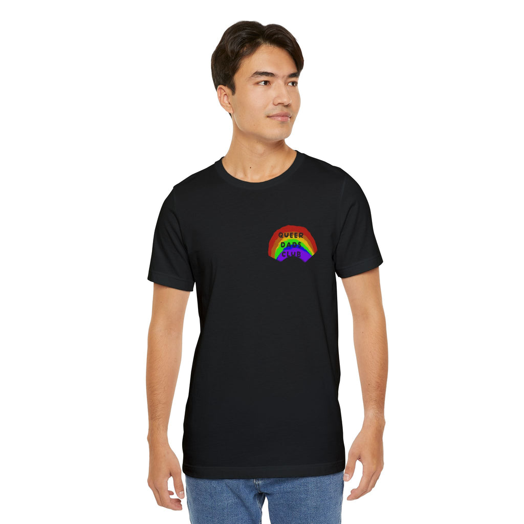 Queer Dads Club T-Shirt — Rainbow Mini Logo Tee for LGBTQ+ Pride
