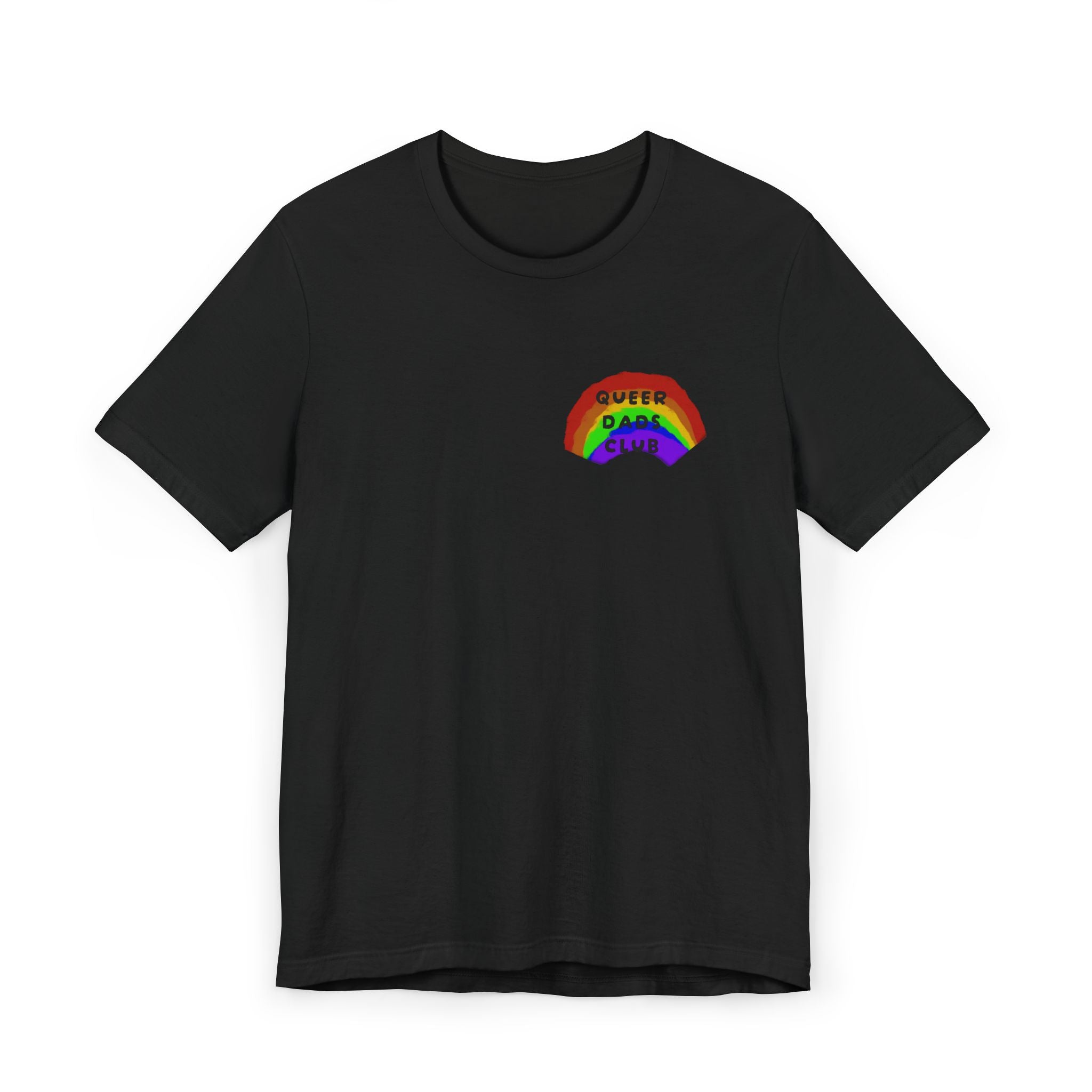 Queer Dads Club T-Shirt — Rainbow Mini Logo Tee for LGBTQ+ Pride