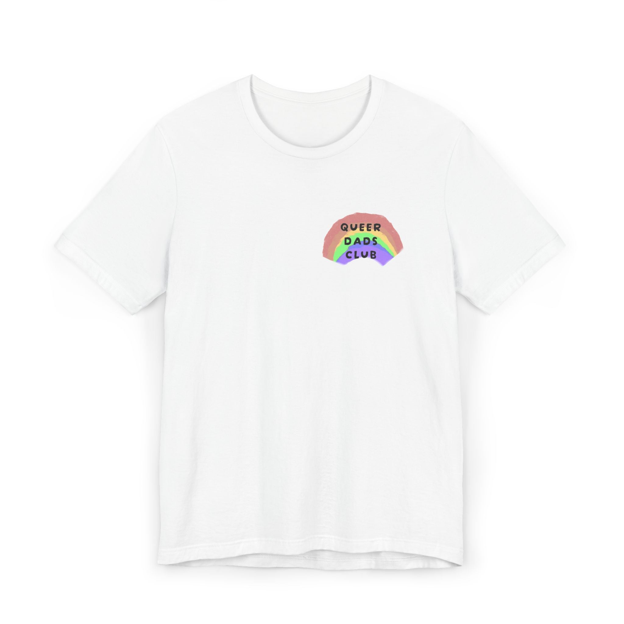 Queer Dads Club T-Shirt — Rainbow Mini Logo Tee for LGBTQ+ Pride