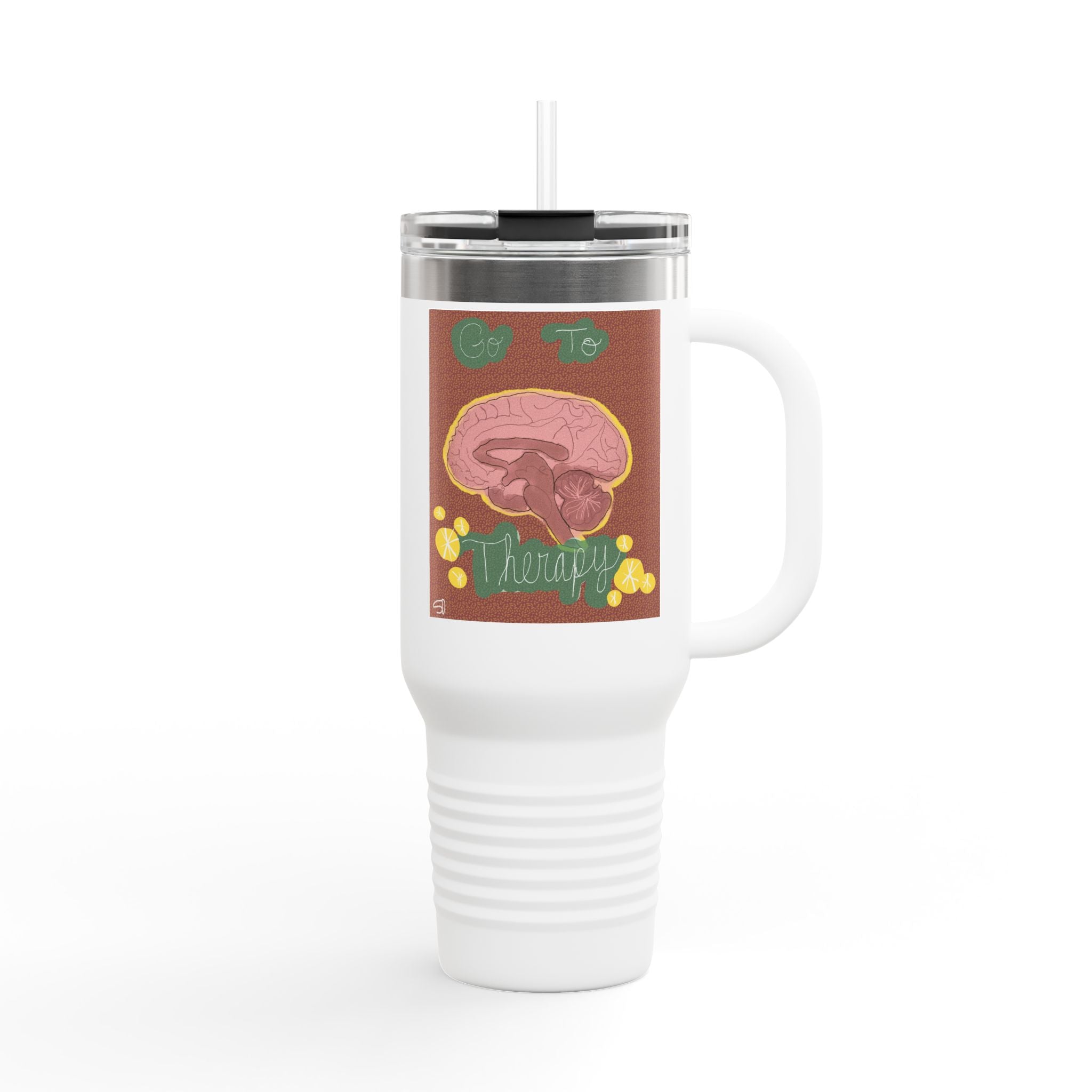 40oz Insulated Travel Mug – Brain Therapy Design, Funny Mental Health Awareness Tumbler