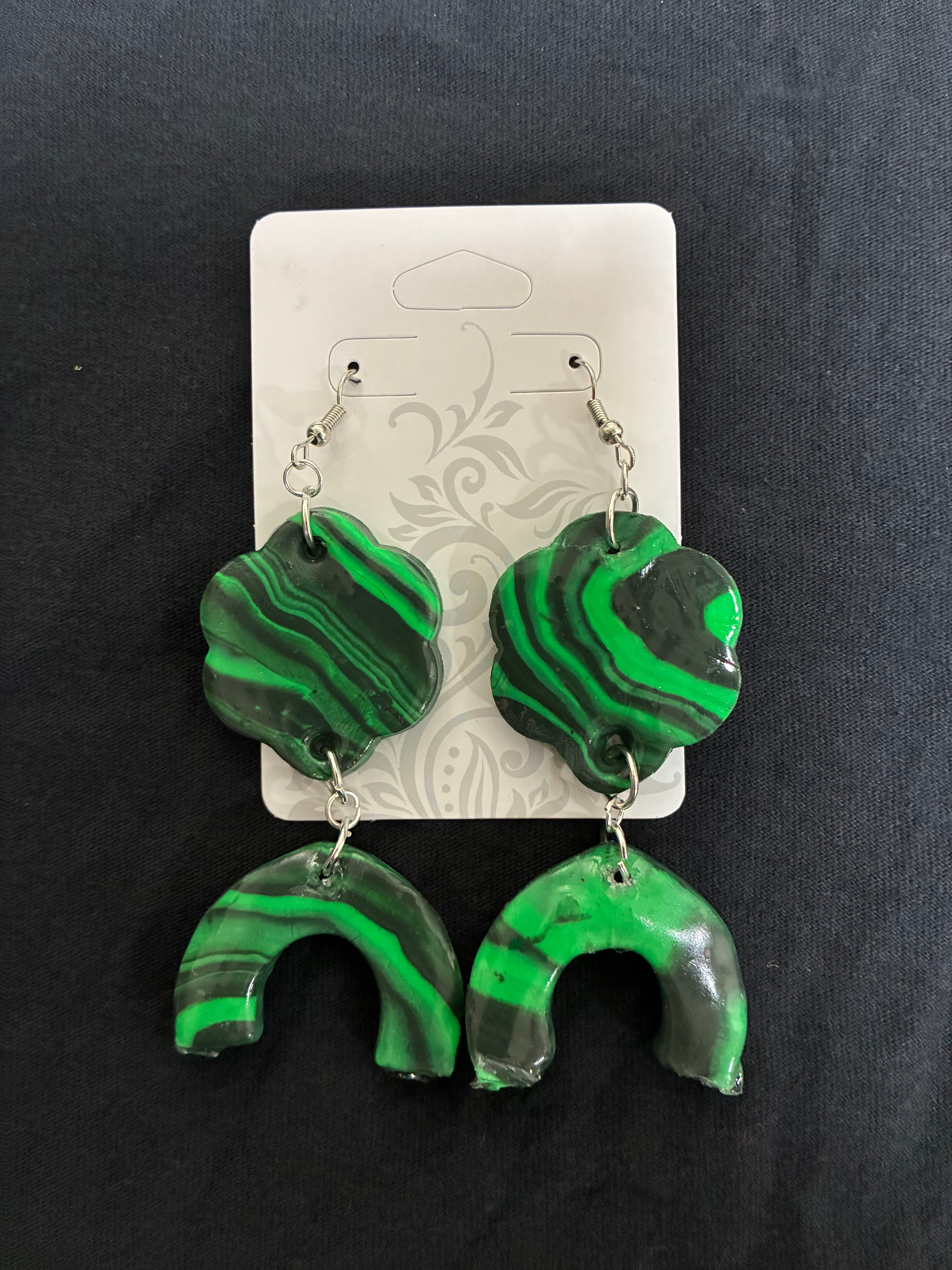 Green swirl clay dangle earrings