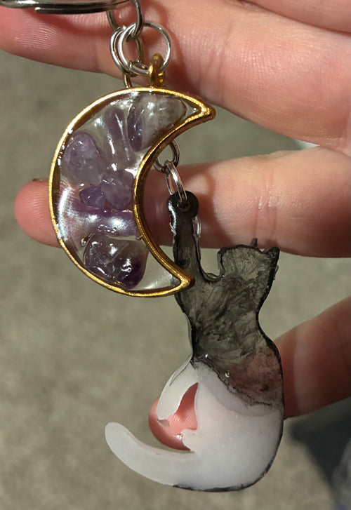 Amethyst moon crescent and black cat keychain