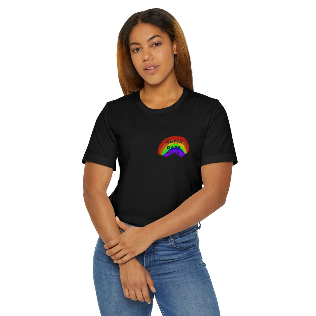 Queer Dads Club T-Shirt — Rainbow Mini Logo Tee for LGBTQ+ Pride