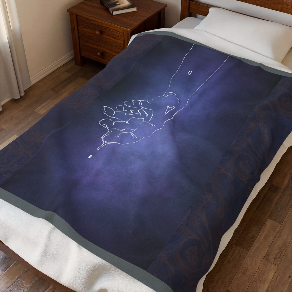Celestial Hold Plush Blanket — Ethereal Hand Illustration, Cozy Velveteen Throw