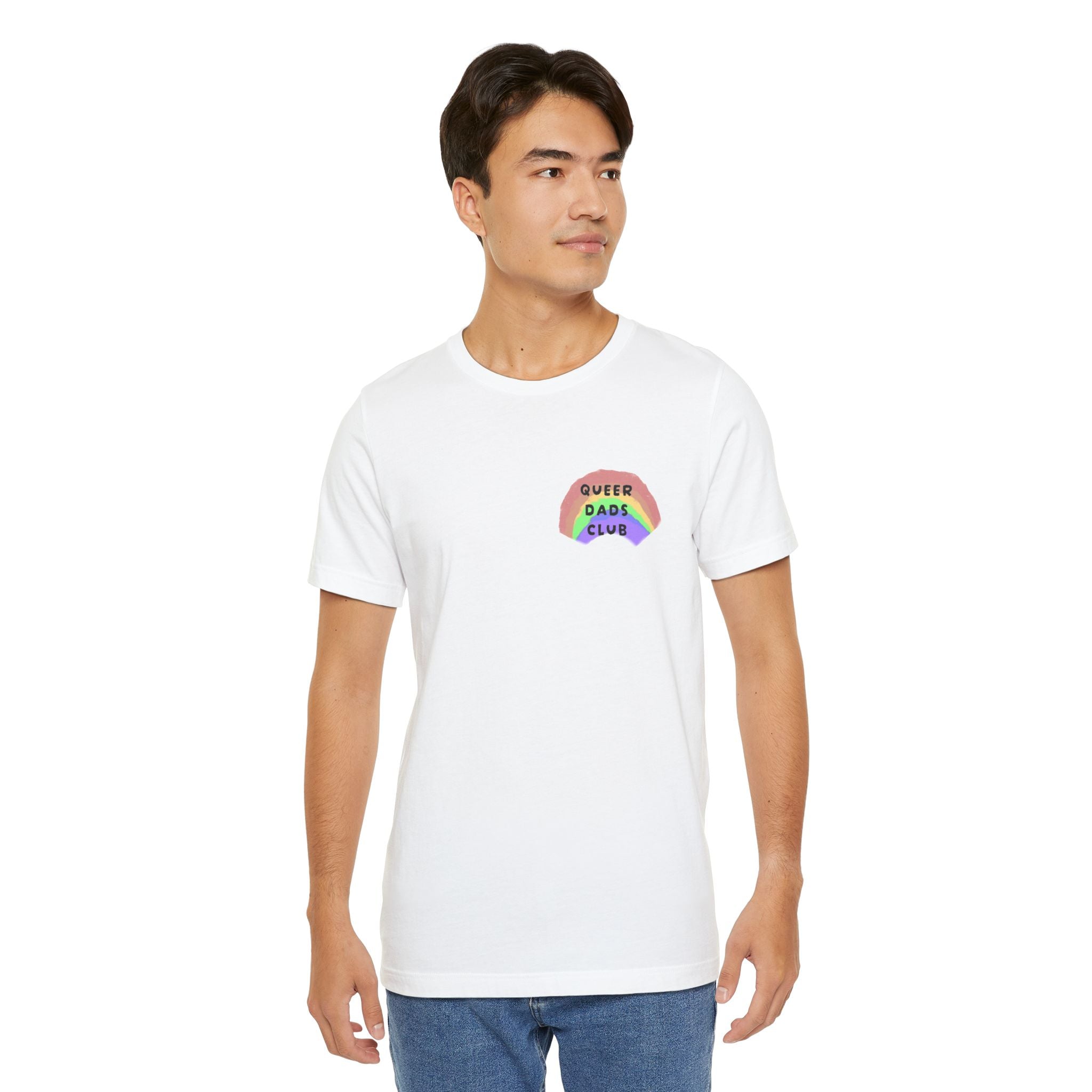 Queer Dads Club T-Shirt — Rainbow Mini Logo Tee for LGBTQ+ Pride